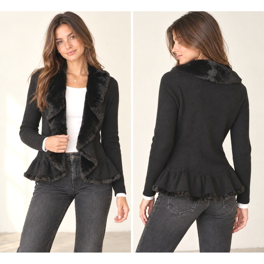 TSE Black Cashmere Fur Trim Open Front Cardigan Small Luxury Whimsigoth Ruffle